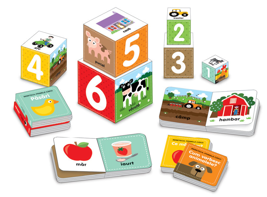 Bebeteca. In vizita la ferma. Set educativ 6 carti + 6 cuburi